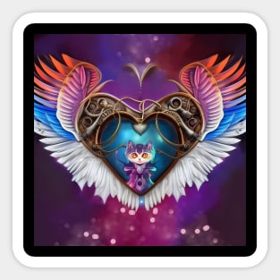 The elegant heart with wings and kitten Sticker